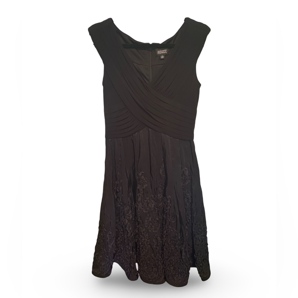 Adrianna Papell Rosette Rouched Fit and Flare Black Midi Dress EUC Size 10